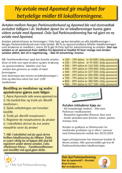 Ved bestilling av medisiner og annet fra Apomed, husk å skrive inn navnet på Parkinson foreningen du tilhører.